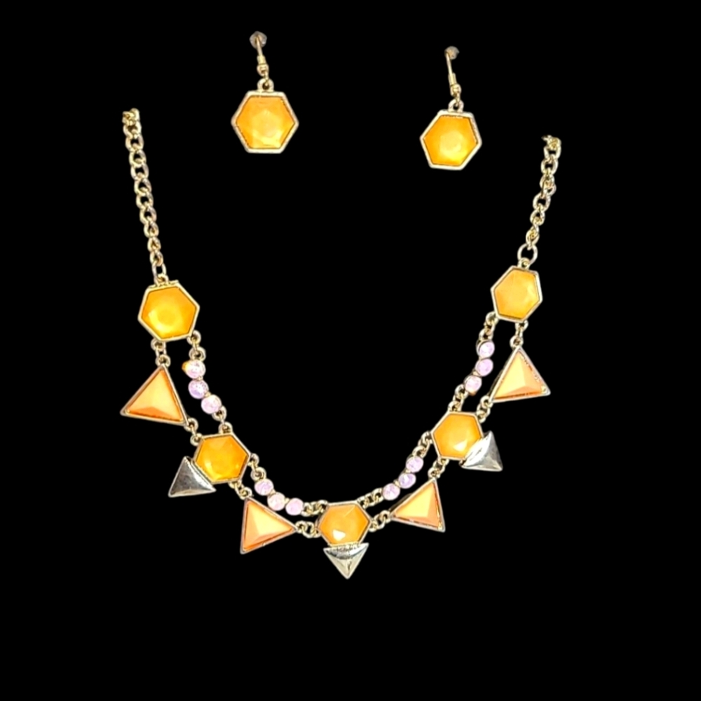 Francesca's Collection Pink Orange & Gold Tone  Necklace & Earring Set